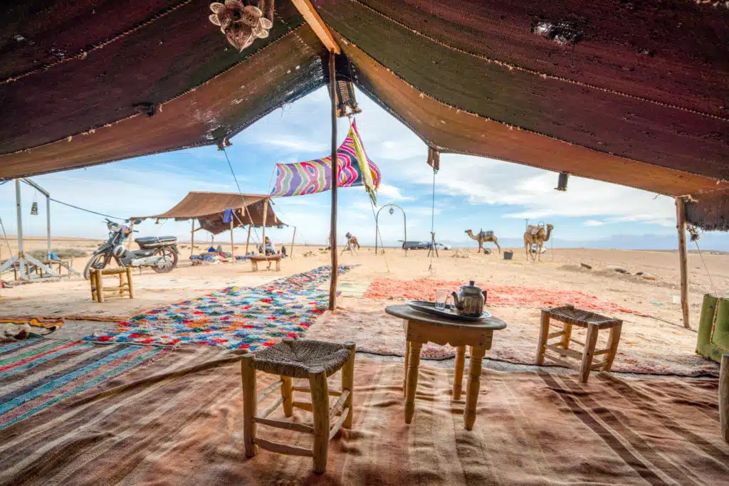 Interior of Bedoiun temporary stretch tent on Agafay desert, Mor