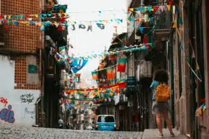 Traveller using a phone translation app in a foreign city