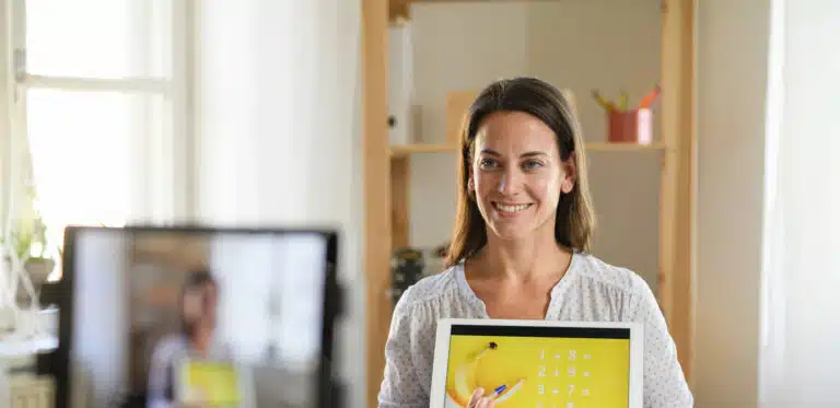 Woman teacher teaching online, coronavirus and online distance learning concept.