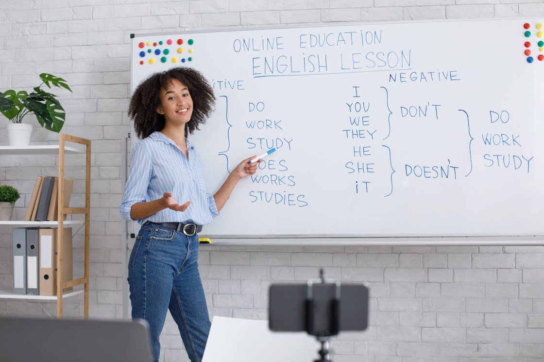 Teacher in front of a whiteboard