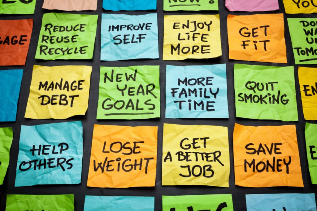 New Year's resolutions on sticky notes