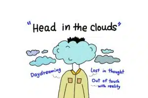 A graphic representation of the English idiom: to have your head in the clouds