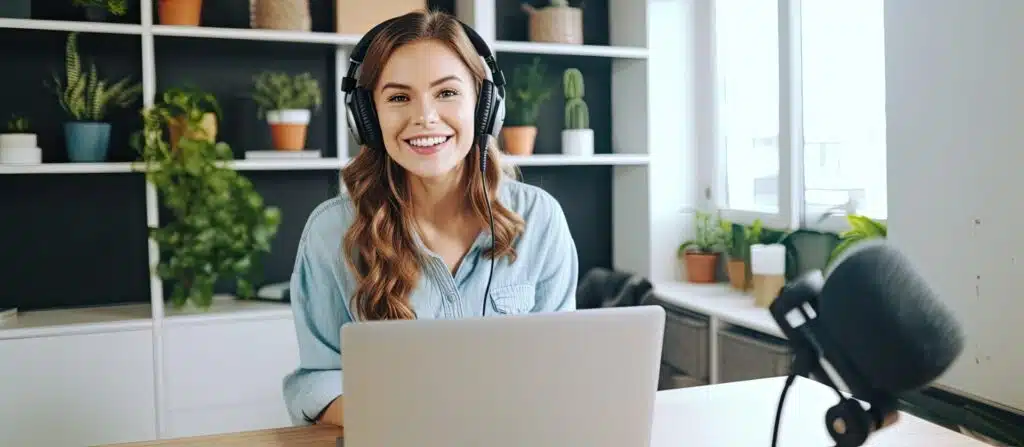 Female teacher with headphones, laptop and microphone, teaching English online