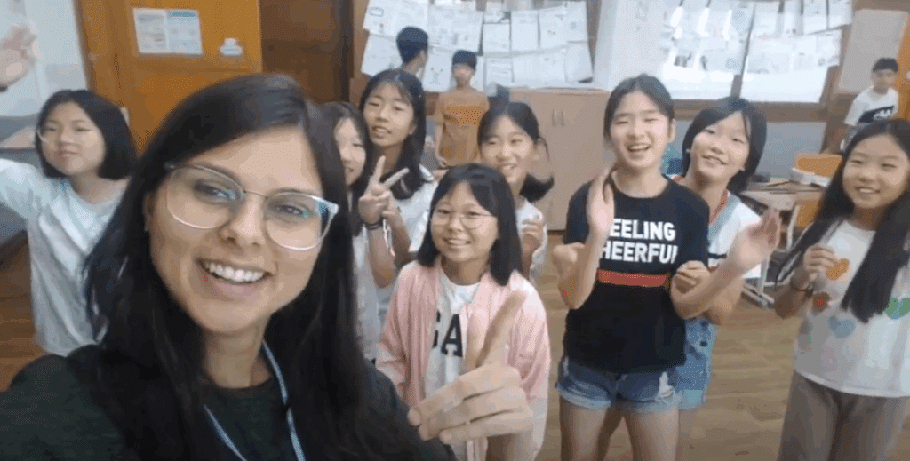 Teacher delivering an English lesson in an international classroom