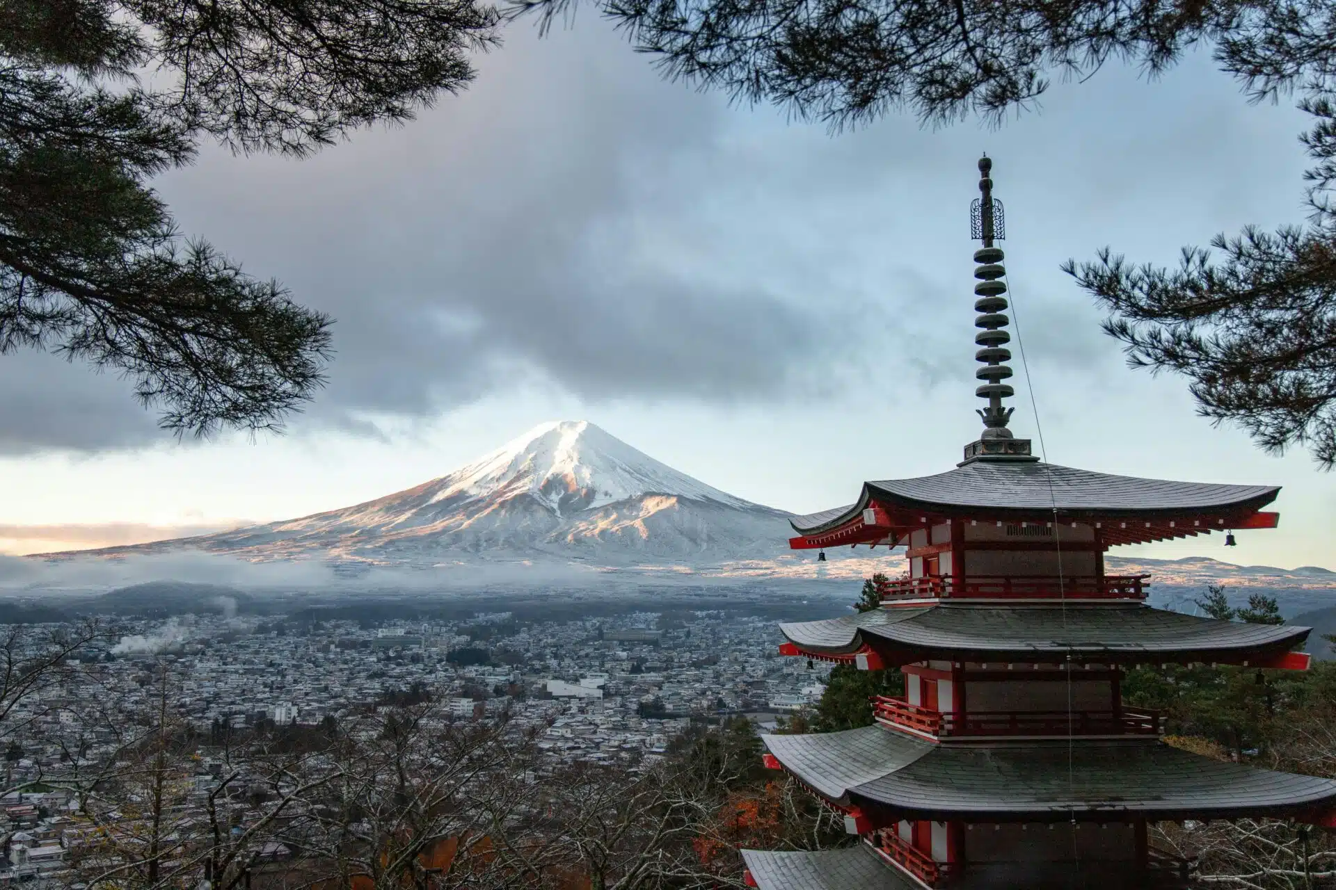 View of temple and Mount Fuji, Japan