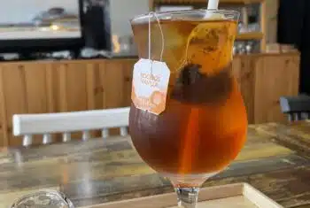 TEFL teacher relaxes after class with an iced tea cocktail in a cafe in South Korea