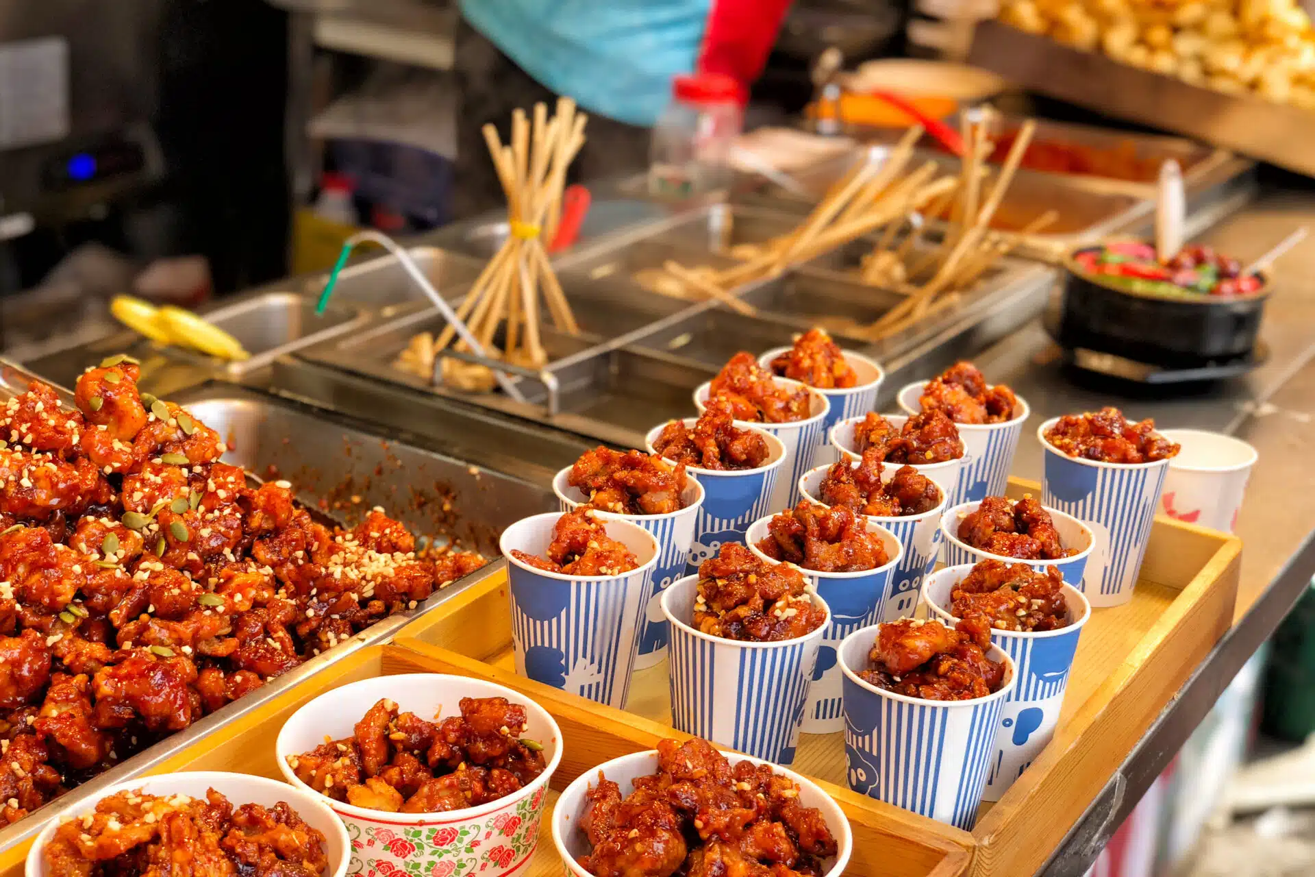 Fried chicken in food market in South Korea