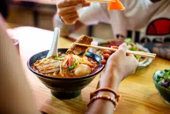 Two friends eating Japanese ramen