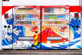 Row of colorful Japanese vending machines on a street in Tokyo selling drinks